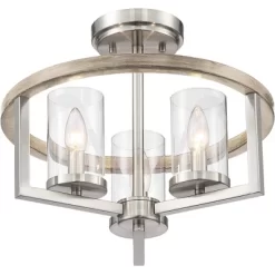 Possini Euro Design Senna Modern Industrial Ceiling Light Semi Flush Mount Fixture 15" Wide Brushed Nickel Gray Wood 3-Light Clear Glass For Bedroom -Famous Lighting Store GUEST 08a6d6bd 0bbb 4c6e a704 3432667d795f