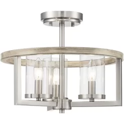Possini Euro Design Senna Modern Industrial Ceiling Light Semi Flush Mount Fixture 15" Wide Brushed Nickel Gray Wood 3-Light Clear Glass For Bedroom -Famous Lighting Store GUEST 08dd1794 0813 479b a383 aeb04b0df2ca