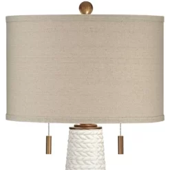 Possini Euro Design Kingston Modern Mid Century Table Lamp 32 3/4" Tall White Grooved Patterned Ceramic Taupe Drum Shade For Bedroom Living Room House -Famous Lighting Store GUEST 15d26357 aafb 47a0 8f9a 2fff0faebb83