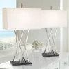 Possini Euro Design Modern Table Lamps 30" Tall Set Of 2 Brushed Steel Black White Linen Rectangular Shade For Living Room Family Bedroom -Famous Lighting Store GUEST 1a9e833b 240f 4818 a923 702b736b688a