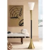 Possini Euro Design Modern Glam Style Torchiere Floor Lamp 72.5" Tall Black Antique Brass Metal White Glass Shade Living Room Reading Uplight