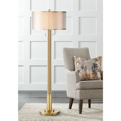 Possini Euro Design Granview Modern Floor Lamp 70 1/2" Tall Brass Metal Sheer Organza Outer Linen Inner Drum Shade For Living Room Bedroom Office Home 3 Possini Euro Design Granview Modern Floor Lamp 70 1/2" Tall Brass Metal Sheer Organza Outer Linen Inner Drum Shade For Living Room Bedroom Office Home