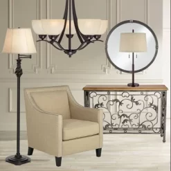 Possini Euro Design Rustic Farmhouse Table Lamp 33" Tall Dark Bronze Metal Off White Burlap Fabric Drum Shade For Bedroom Living Room House Bedside -Famous Lighting Store GUEST 2220d293 cc32 498b 885b 357795ec14f4