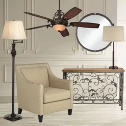 Possini Euro Design Rustic Farmhouse Table Lamp 33" Tall Dark Bronze Metal Off White Burlap Fabric Drum Shade For Bedroom Living Room House Bedside -Famous Lighting Store GUEST 24151bcb b12c 4490 8df1 bd7a6cec36cd