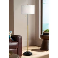 Possini Euro Design Roxie Modern Floor Lamp Standing 65 1/2" Tall Brass Black Metal Sheer Linen Double Drum Shade For Living Room Bedroom Office House -Famous Lighting Store GUEST 27e7468d d119 4068 9a25 391f917b95b5