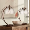 Possini Euro Design Modern Desk Lamps Set Of 2 With USB Port 22 1/2" High Bronze LED Clear Seeded Glass Shade For Bedroom Office