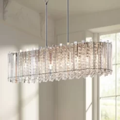 Possini Euro Design Mirabell Chrome Linear Island Pendant Chandelier 34" Wide Modern LED Clear Glass Crystal 6-Light Fixture For Dining Room Kitchen