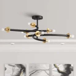 Possini Euro Design Alturus Modern Ceiling Light Semi Flush Mount Fixture 34" Wide Gloss Black Warm Brass 8-Light For Bedroom Living Room Hallway Home