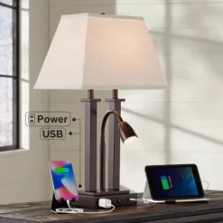 Possini Euro Design Deacon Modern Desk Table Lamp 26" High Bronze With USB And AC Power Outlet In Base LED Reading Light Oatmeal Shade For Office Desk