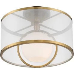 Possini Euro Design Carlyn Modern Art Deco Ceiling Light Semi Flush Mount Fixture 14" Wide Warm Brass Black Orb Organza Drum Shade For Bedroom Kitchen -Famous Lighting Store GUEST 4acc925a 9848 4adf a072 26596db1590c