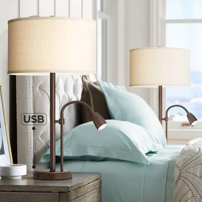 Possini Euro Design Traverse Modern Table Lamps 29" Tall Set Of 2 With USB Charging Port Gooseneck LED Bronze Oatmeal Shade For Bedroom Living Room 3 Possini Euro Design Traverse Modern Table Lamps 29" Tall Set Of 2 With USB Charging Port Gooseneck LED Bronze Oatmeal Shade For Bedroom Living Room