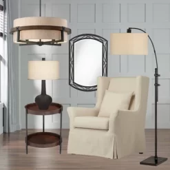 Possini Euro Design Bronze Wood Finish Pendant Chandelier 22" Wide Rustic Farmhouse Tan Fabric Drum 4-Light Fixture For Dining Room House -Famous Lighting Store GUEST 4b7f12c2 a52a 4dfc 9a0a 61f026f23a93