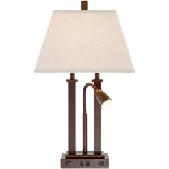 Possini Euro Design Deacon Modern Desk Table Lamp 26" High Bronze With USB And AC Power Outlet In Base LED Reading Light Oatmeal Shade For Office Desk -Famous Lighting Store GUEST 5b72b1a5 d996 4460 862b 019398428f13
