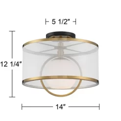 Possini Euro Design Carlyn Modern Art Deco Ceiling Light Semi Flush Mount Fixture 14" Wide Warm Brass Black Orb Organza Drum Shade For Bedroom Kitchen -Famous Lighting Store GUEST 5decfb75 b11c 4993 9a85 d425d975a6c7