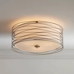 Possini Euro Design Modern Ceiling Light Flush Mount Fixture Antique Silver Leaf 18" Wide Wavy Spun White Drum For Bedroom Kitchen