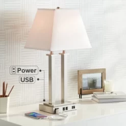 Possini Euro Design Amity Modern Table Lamp 26" High Brushed Nickel With USB And AC Power Outlet In Base White Linen Shade For Bedroom Bedside Desk