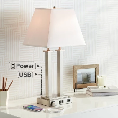 Possini Euro Design Amity Modern Table Lamp 26" High Brushed Nickel With USB And AC Power Outlet In Base White Linen Shade For Bedroom Bedside Desk 3 Possini Euro Design Amity Modern Table Lamp 26" High Brushed Nickel With USB And AC Power Outlet In Base White Linen Shade For Bedroom Bedside Desk