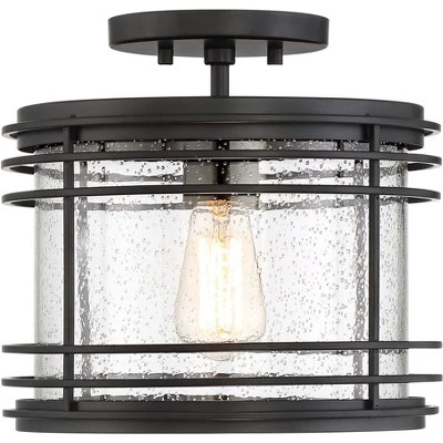 Possini Euro Design Modern Semi Flush Mount Outdoor Ceiling Light Fixture Black Geometric 11" Clear Seedy Glass For Exterior House Porch Patio Deck 5 Possini Euro Design Modern Semi Flush Mount Outdoor Ceiling Light Fixture Black Geometric 11" Clear Seedy Glass For Exterior House Porch Patio Deck - Image 3