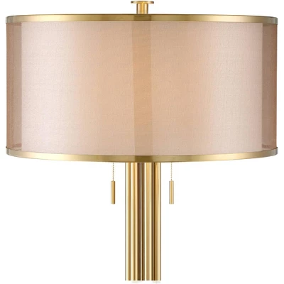 Possini Euro Design Granview Modern Floor Lamp 70 1/2" Tall Brass Metal Sheer Organza Outer Linen Inner Drum Shade For Living Room Bedroom Office Home 4 Possini Euro Design Granview Modern Floor Lamp 70 1/2" Tall Brass Metal Sheer Organza Outer Linen Inner Drum Shade For Living Room Bedroom Office Home - Image 2