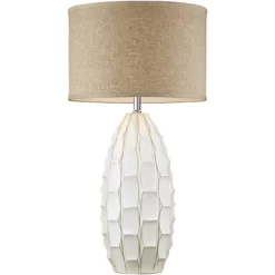 Possini Euro Design Cosgrove Modern Mid Century Table Lamp 32 3/4" Tall White Glazed Ceramic Beige Fabric Drum Shade For Bedroom Living Room Bedside -Famous Lighting Store GUEST 87b80e2d 8cd2 4d8b aa40 8cddab0699a1