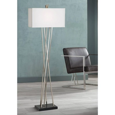 Possini Euro Design Modern Floor Lamp 63.5" Tall Brushed Steel Asymmetry White Linen Rectangular Shade For Living Room Reading Bedroom Office 3 Possini Euro Design Modern Floor Lamp 63.5" Tall Brushed Steel Asymmetry White Linen Rectangular Shade For Living Room Reading Bedroom Office