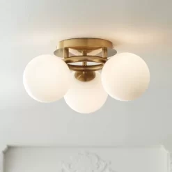 Possini Euro Design Modern Ceiling Light Flush Mount Fixture Brass 18" Wide 3-Light Frosted White Glass Globes Bedroom Living Room