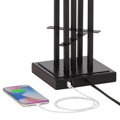 Possini Euro Design Deborah Modern Mid Century Table Lamp 30" Tall Black With USB Charging Port Gold Metal Double Drum Shades For Living Room Desk 5 Possini Euro Design Deborah Modern Mid Century Table Lamp 30" Tall Black With USB Charging Port Gold Metal Double Drum Shades For Living Room Desk - Image 3