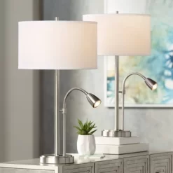 Possini Euro Design Traverse Modern Table Lamps Set Of 2 29 1/2" Tall Brushed Nickel With USB Charging Port LED Gooseneck White Drum Shade For Desk -Famous Lighting Store GUEST 926e3bce 7e42 4fa3 a6a2 44a599015bc1