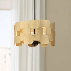 Possini Euro Design Stella Black Pendant Chandelier 15" Wide Modern Gold Leaf Drum Shade 4-Light Fixture For Dining Room House Foyer Kitchen Island