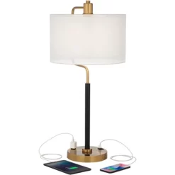 Possini Euro Design Carlyle Modern Mid Century Desk Lamp 30 1/2" Tall Gold With USB And AC Power Outlet In Base Double Drum Shades For Living Room -Famous Lighting Store GUEST 9e3f7713 4223 4729 96f1 97e37a82d03c