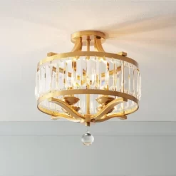 Vienna Full Spectrum Prava Modern Ceiling Light Semi Flush Mount Fixture 16 1/2" Wide Warm Brass 4-Light Crystal Drum For Bedroom Kitchen Living Room