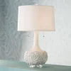 Possini Euro Design Natalia Modern Country Cottage Table Lamp 27" Tall White Ceramic Glaze Textured Floral Drum Shade For Bedroom Living Room Bedside
