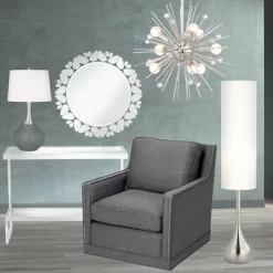 Possini Euro Design Mid Century Modern Floor Lamp 62" Tall Brushed Steel Droplet Cotton Cylinder Shade For Living Room Bedroom Office -Famous Lighting Store GUEST baf66e3a 0551 49f3 a874 28edb3e207cb