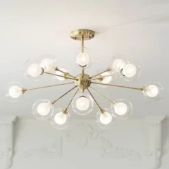 Possini Euro Design Modern Ceiling Light Semi Flush Mount Fixture Sputnik Brass 30 1/2" Wide 15-Light Double Glass Ball Hallway