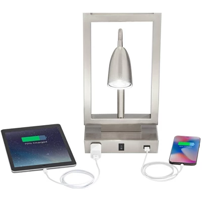 Possini Euro Design Modern Table Lamp With USB Outlet Reading Light LED 29.25" Tall Brushed Nickel Rectangular Off White Shade Bedroom Office 5 Possini Euro Design Modern Table Lamp With USB Outlet Reading Light LED 29.25" Tall Brushed Nickel Rectangular Off White Shade Bedroom Office - Image 3