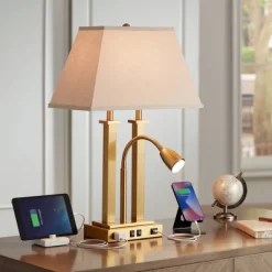 Possini Euro Design Possini Euro Deacon Brass Gooseneck Lamps With USB Port And Outlet Set Of 2 -Famous Lighting Store GUEST c8c3a5d8 404e 4feb 861f 606c6e3196e4