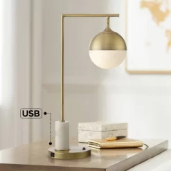 Possini Euro Design Luna Mid Century Desk Table Lamp 26 1/2" High Brass Metal With USB Charging Port Opal Glass Shade For Bedroom Living Room Bedside