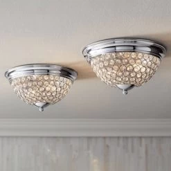 Possini Euro Design Faith Modern Ceiling Light Flush Mount Fixtures 11" Wide Set Of 2 Chrome 2-Light Crystal For Bedroom Kitchen Living Room Hallway