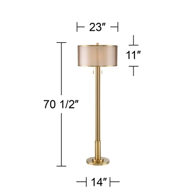 Possini Euro Design Granview Modern Floor Lamp 70 1/2" Tall Brass Metal Sheer Organza Outer Linen Inner Drum Shade For Living Room Bedroom Office Home 9 Possini Euro Design Granview Modern Floor Lamp 70 1/2" Tall Brass Metal Sheer Organza Outer Linen Inner Drum Shade For Living Room Bedroom Office Home - Image 7