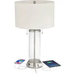 Possini Euro Design Fritz Modern Table Lamp 26 1/2" High Silver Clear Glass Column With USB And AC Power Outlet In Base Drum Shade For Bedroom Desk -Famous Lighting Store GUEST d4d643dc a1a6 461c 9f7d db8a49d8dbe9 1