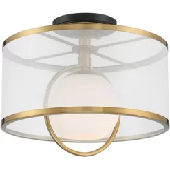 Possini Euro Design Carlyn Modern Art Deco Ceiling Light Semi Flush Mount Fixture 14" Wide Warm Brass Black Orb Organza Drum Shade For Bedroom Kitchen -Famous Lighting Store GUEST e6269b9b 9176 4435 9395 c5ba601a29d1