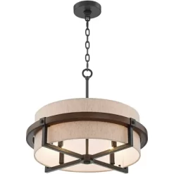Possini Euro Design Bronze Wood Finish Pendant Chandelier 22" Wide Rustic Farmhouse Tan Fabric Drum 4-Light Fixture For Dining Room House -Famous Lighting Store GUEST f0d0f05a 32c1 47ab a51c ccb88a583cb8