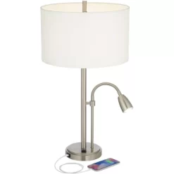 Possini Euro Design Traverse Modern Table Lamps Set Of 2 29 1/2" Tall Brushed Nickel With USB Charging Port LED Gooseneck White Drum Shade For Desk -Famous Lighting Store GUEST fd792f37 79a6 47c3 8039 c63481cb9b85