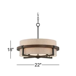 Possini Euro Design Bronze Wood Finish Pendant Chandelier 22" Wide Rustic Farmhouse Tan Fabric Drum 4-Light Fixture For Dining Room House -Famous Lighting Store GUEST fef36d3b d0fc 4db1 9dc9 ffe5d26747fe