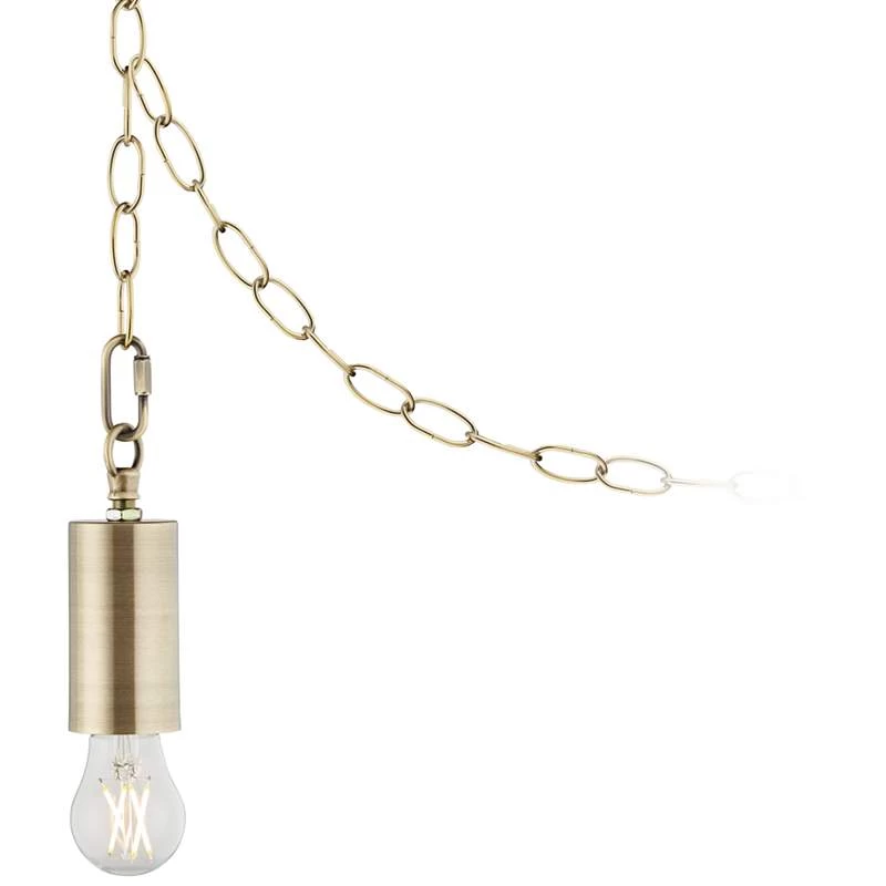 Antique Brass Plug-In Hanging Swag Chandelier With Clear A15 LED Bulb 3 Antique Brass Plug-In Hanging Swag Chandelier With Clear A15 LED Bulb