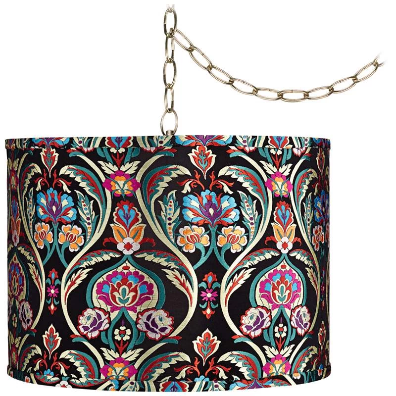 Color Embroidery 15" Wide Antique Brass Plug-In Swag Chandelier 3 Color Embroidery 15" Wide Antique Brass Plug-In Swag Chandelier