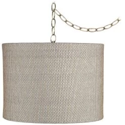 Gray And Gold Plastic Weave 15" Wide Antique Brass Plug-In Swag Chande