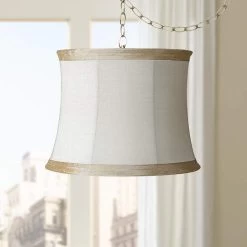 Ivory Linen 16" Wide Antique Brass Plug-In Swag Chandelier