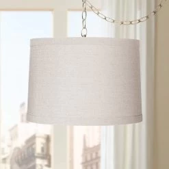 Linen Drum 16" Wide Antique Brass Plug-In Swag Chandelier