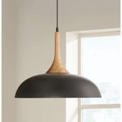 Possini Euro Felton 17 3/4" Wide Black And Wood Modern Dome Pendant -Famous Lighting Store possini euro felton 17 and three quarter inch wide black and wood modern dome pendant 1g926cropped